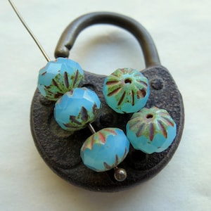 Blue Opalite Cruller Beads: Czech Picasso Rondelle Beads (8, 7x10 mm)