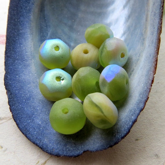 Olivine Ivory Czech Glass Rondelle Beads, Matte Faceted with AB Coating (10 pc)