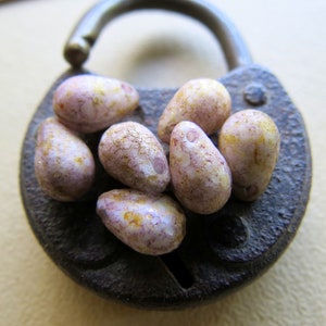 Light PINK ETCHED DROPS .  Czech Picasso Glass Beads . 9 mm by 6 mm (12 beads)