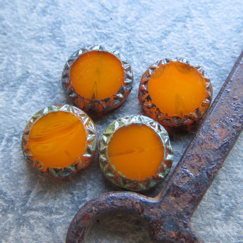 12 mm 8 beads Picasso Czech Table Cut Glass Beads New BURNT ORANGE Sun COINS