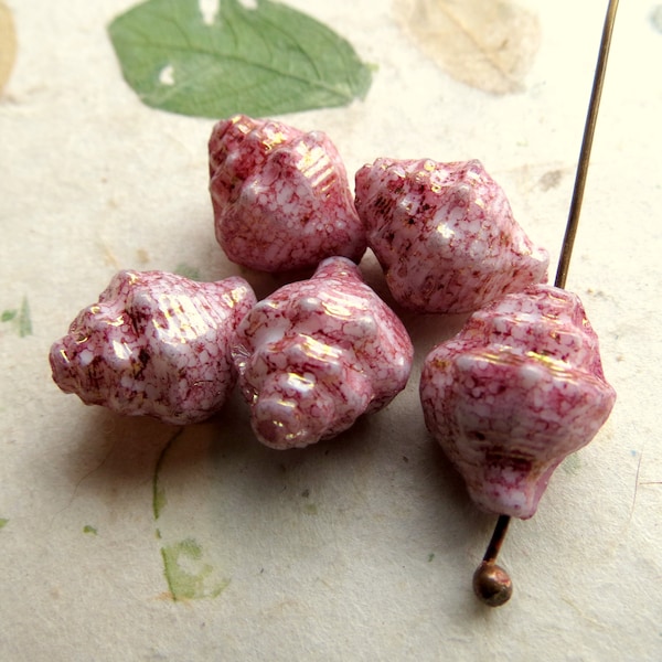 New PINK LUSTER SHELLS . 6 Czech Metallic Picasso Glass Beads . 15 mm by 12 mm . Supplies for Jewelry Making