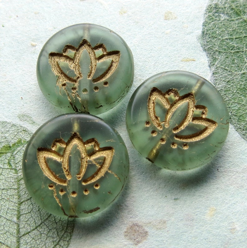 Supplies for Jewelry Making 6 beads New GOLDEN GREEN LOTUS 14 mm Czech Metallic Glass Coin Beads