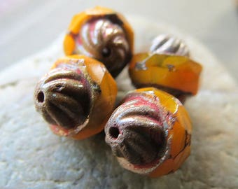 EARTHY ORANGE TURBINES . Czech Picasso Glass Beads . 10 mm by 11 mm (6 beads) . Supplies for Jewelry Making