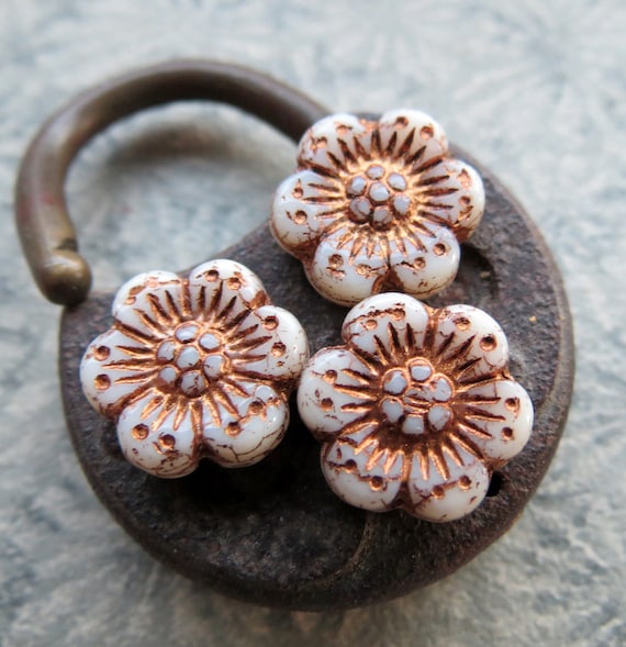 BRONZED IVORY WILDFLOWERS . 6 Czech Metallic Glass Beads . 14 Mm