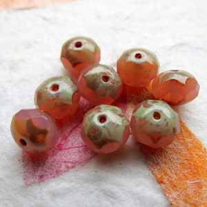 SALMON OPAL RONDELLES . 25 Czech Picasso Glass Beads . 6 by 8 mm . Supplies for Jewelry Making