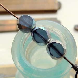 Czech Glass Beads: 8mm Silver AB Table Cut Rounds, Blue (15 pc)