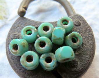 MATUBO GREEN Turquoise TRICUTS .  20 Czech Picasso Tri cut Seed Beads . size 2/0 . Supplies for Jewelry Making