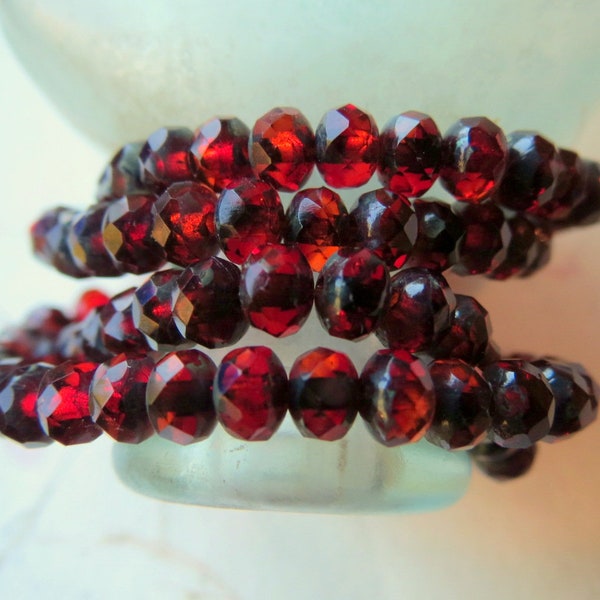 RUBY RED RONDELLES . 30 Czech Picasso Faceted Glass Beads . 3 by 5 mm beads . Supplies for Jewelry Making