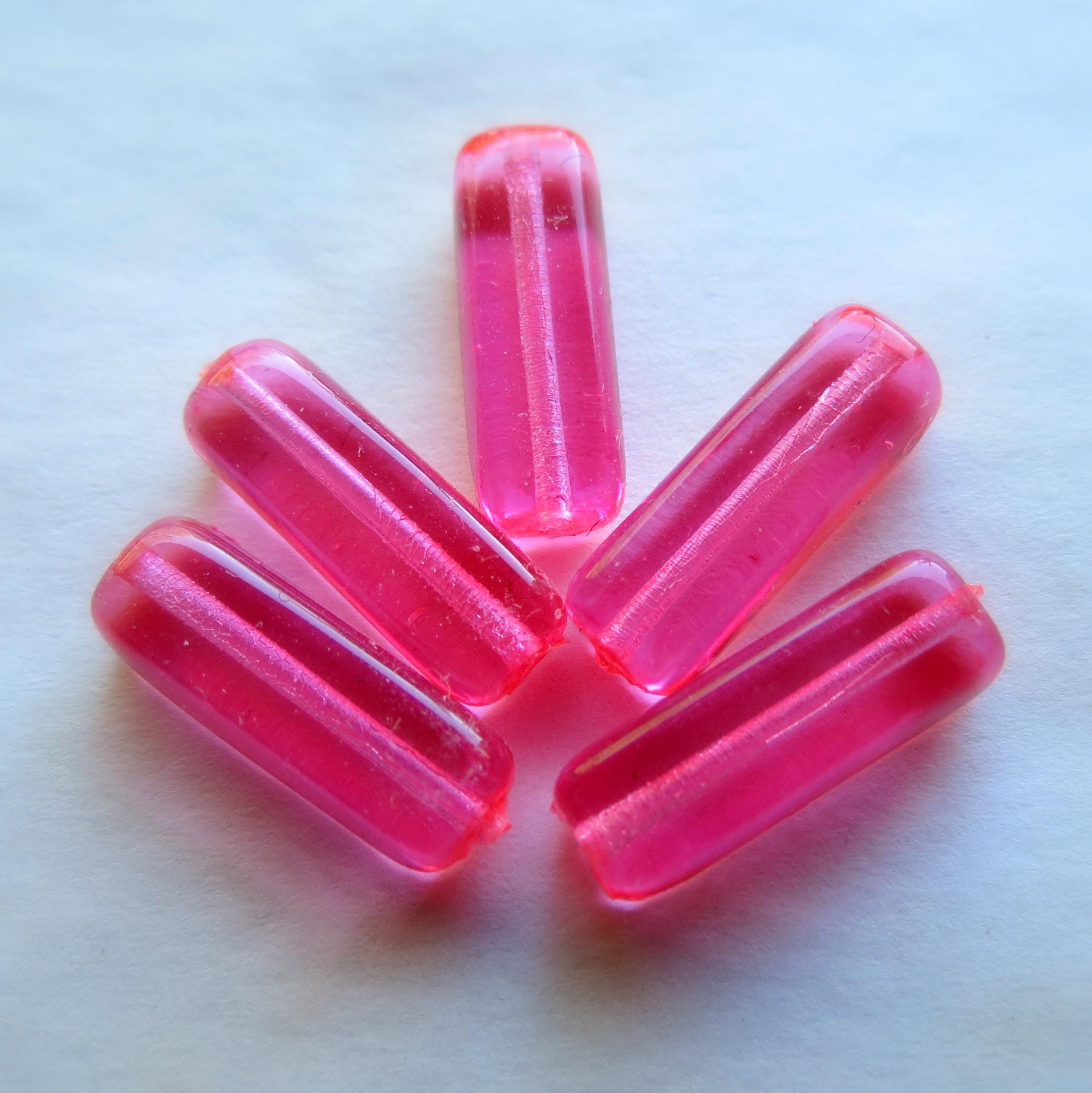Pink Translucent Bar 15 BRIGHT PINK BARS . Czech Polished Glass Rectangle Beads . 15 by 5 Mm ...