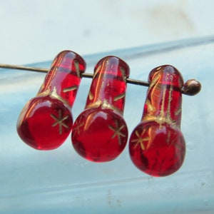 VINTAGE RUBY DROPS .  Czech Metallic Glass Beads .  15 mm by 8 mm (12 beads) . Supplies for Jewelry Making