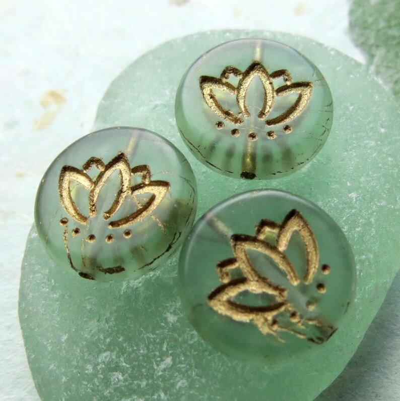 Supplies for Jewelry Making 6 beads New GOLDEN GREEN LOTUS 14 mm Czech Metallic Glass Coin Beads