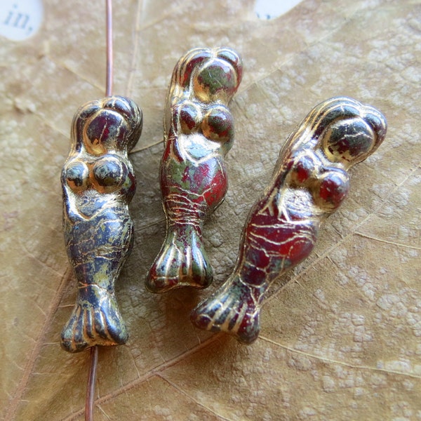 Back In Stock GOLDEN Ruby SEA GODDESS  . 2 Czech Pressed Glass Mermaid Beads . 25 mm beads . Supplies for Jewelry Making