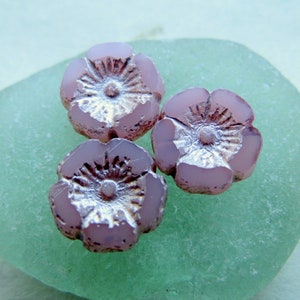 SILVERY PINK BLOOMS . 6 Czech Metallic Etched Glass Beads . 12 mm . Supplies for Jewelry Making