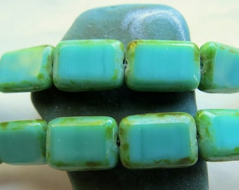 8 Turquoise Picasso Czech Glass Rectangle Beads: 12x8mm Jewelry Supplies