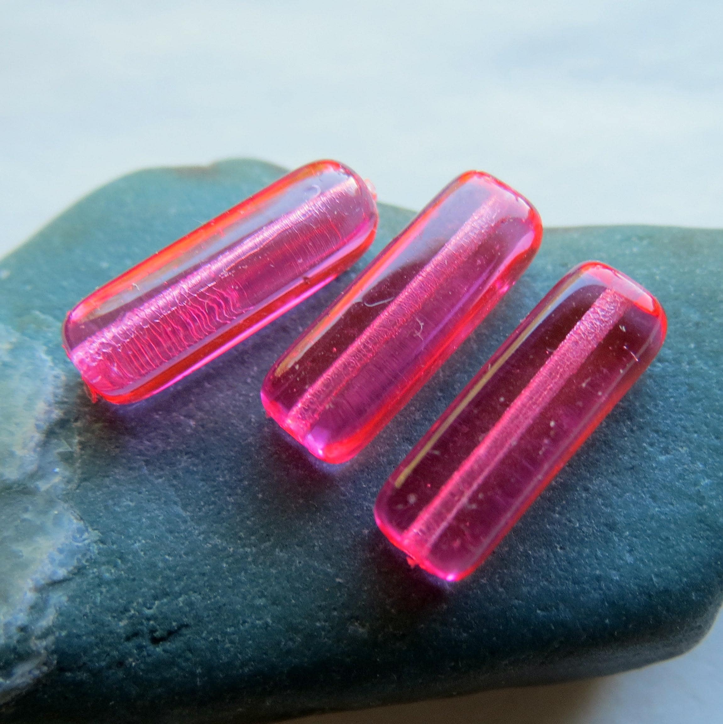 Pink Translucent Bar 15 BRIGHT PINK BARS . Czech Polished Glass Rectangle Beads . 15 by 5 Mm ...