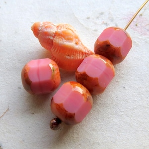 VINTAGE PINK BARRELS .  6 Czech Picasso Octagonal Glass Beads .  10 mm beads . Supplies for Jewelry Making