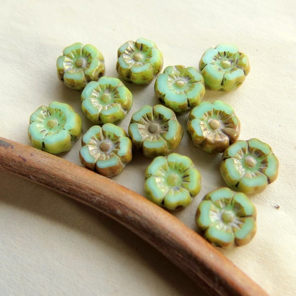New MINTY GREEN BLOOMS . 12 Czech Picasso Glass Flower Beads . 7 mm . Supplies for Jewelry Making
