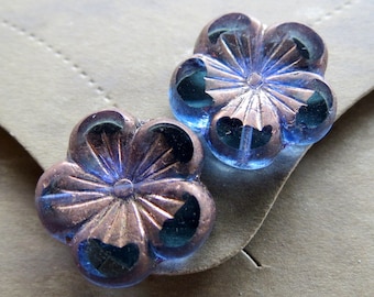 BRONZED BLUE HIBISCUS  . Czech Pressed Glass Flower Beads . 22 mm (1 bead) Supplies for Jewelry Making