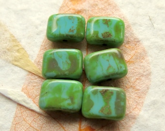 Turquoise Picasso Czech Glass Beads: Rectangle Jewelry Supplies (10 pc)