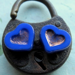 BRONZED BLUE LOVES  . 4 Czech Table Cut Heart Beads . 14 mm . Supplies for Jewelry Making