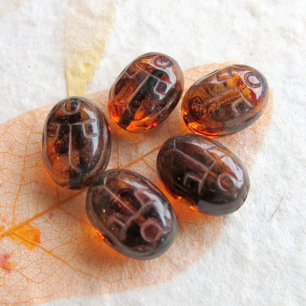 NEW TOPAZ SCARABS. 6 Czech Picasso Glass Beads . 14 mm . Supplies for Jewelry Making