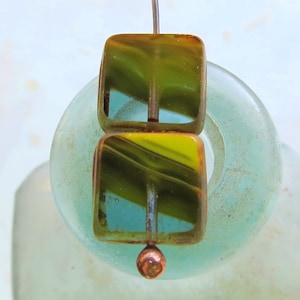 SWIRLED GREEN SQUARES . 8 Czech Table Cut & Polished Picasso Beads (11 mm beads)  . Supplies for Jewelry Making