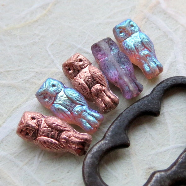 MYSTIC COPPER OWLZ .  Czech Glass Beads (10 beads) 15 by 7 mm . Supplies for Jewelry Making