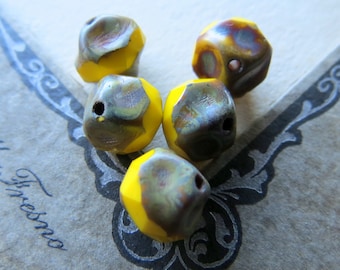 YELLOW PICASSO NUGGETS . 8 Czech Faceted & Polished Picasso Beads . 9 mm . Supplies for Jewelry Making