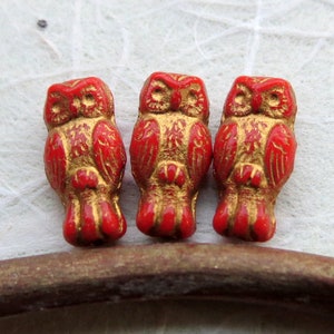 New GOLDEN CORAL Red OWLZ .  Czech Glass Beads (10 beads) 15 by 7 mm . Supplies for Jewelry Making