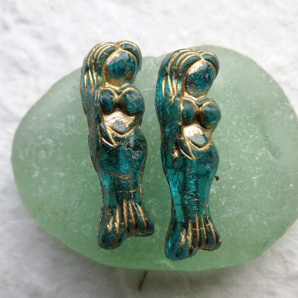 GOLDEN TEAL Sea GODDESS  . 2 Czech Metallic Glass Mermaid Beads . 25 mm . Supplies for Jewelry Making