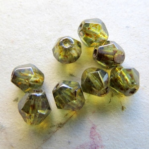 Czech Glass Bicone Beads: Earthy Pine Picasso Lumi, 6mm (25 pc)
