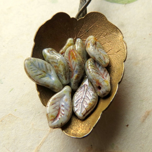 STEMMED PICASSO PETALS . 20 Czech Glass Bay Leaf Beads . 12 mm by 6 mm . Supplies for Jewelry Making