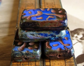 SWIRLED RUSTIC RECTANGLES . 4 Czech Picasso Glass Beads . 19 by 12 mm . Supplies for Jewelry Making