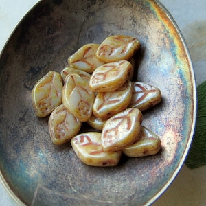 AGED IVORY PETALS . 10 Czech Picasso Glass Leaf Beads . 12 mm by 8 mm . Supplies for Jewelry Making