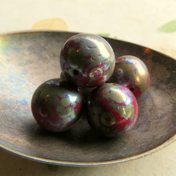 New RED PICASSO MARBLES .  4 Czech Picasso Glass Beads . size 12 mm . Supplies for Jewelry Making