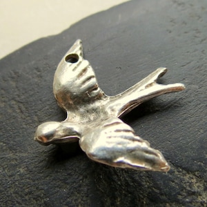 Puede incluir: Un colgante de plata con forma de pájaro con las alas extendidas. El pájaro tiene marcas detalladas de plumas y un pequeño agujero para una cadena. El colgante es probablemente de metal y está diseñado para ser usado como joya.