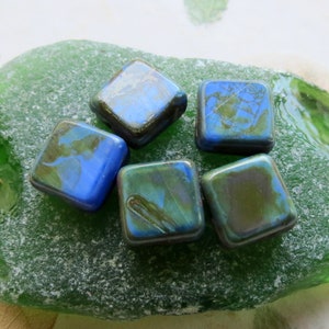 BLUE PICASSO SQUARES . 8 Czech Polished Picasso Beads (11 mm beads)  . Supplies for Jewelry Making
