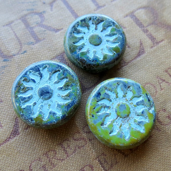 BLUEGREEN SUN COINS . 1 Czech Picasso Glass Coin Beads . 22 mm . Supplies for Jewelry Making