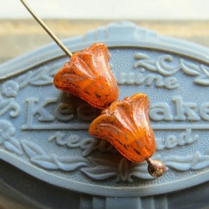 ORANGE OPALINE LILIES . 10 Czech Bronzed Picasso Glass Flower Beads . 9 by 10 mm beads . Supplies for Jewelry Making