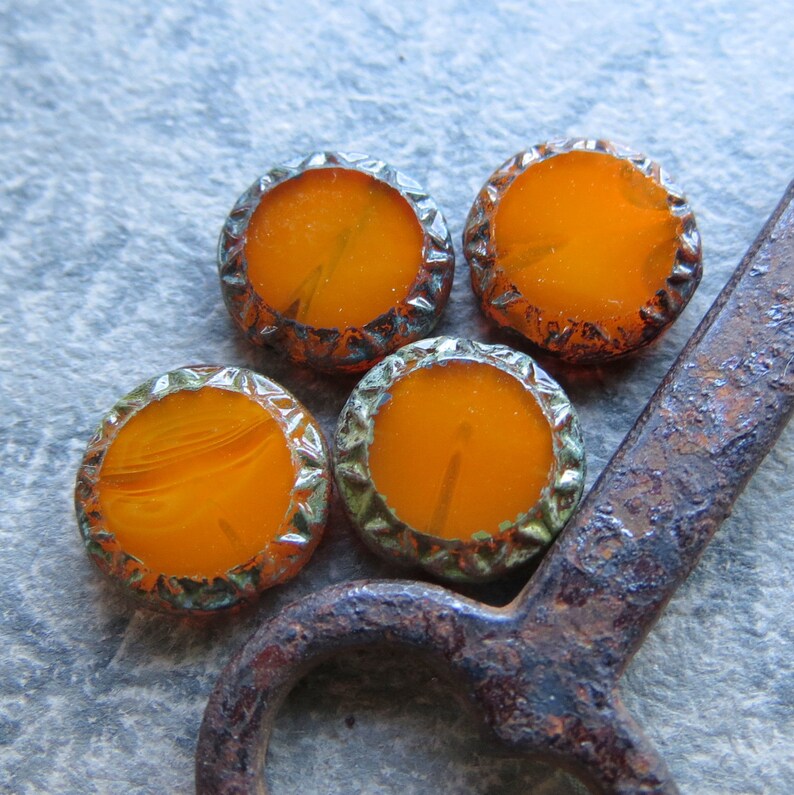 12 mm 8 beads Picasso Czech Table Cut Glass Beads New BURNT ORANGE Sun COINS