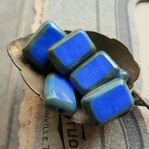 Royal Blue Czech Glass Rectangle Beads: Picasso Finish (10)