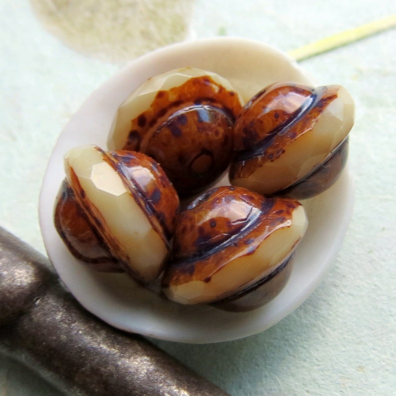 AGED IVORY SATURNS . 8 Czech Picasso Glass Beads . 8 mm by 9 mm beads . Supplies for Jewelry Making image 1