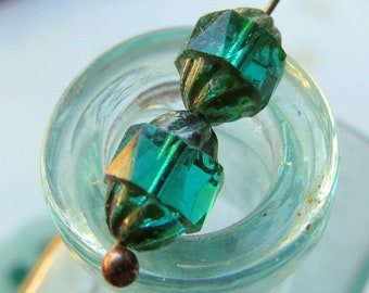 EMERALD TURBINES . 10 Czech Picasso Glass Beads . 10 by 8 mm beads . Supplies for Jewelry Making