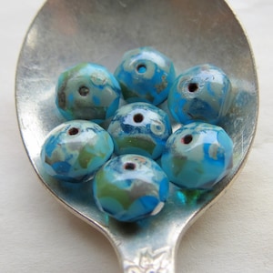 Czech Picasso Glass Rondelle Beads: Teal Blue Swirl, 8x6mm, Jewelry Making Supplies
