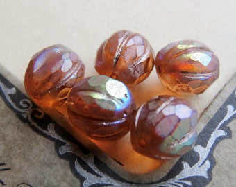 PEACH MERCURY MELONS . 12 Czech Metallic and Matte Faceted Glass Beads (10 mm beads)
