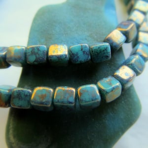 BRONZED TURQUOISE CUBES . 40 Picasso Czech Seed Beads . 4 mm cubes . Supplies for Jewelry Making