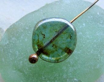 GREEN PICASSO SLABS . 6 Czech Picasso Glass Coin Beads . 15 mm beads . Supplies for Jewelry Making