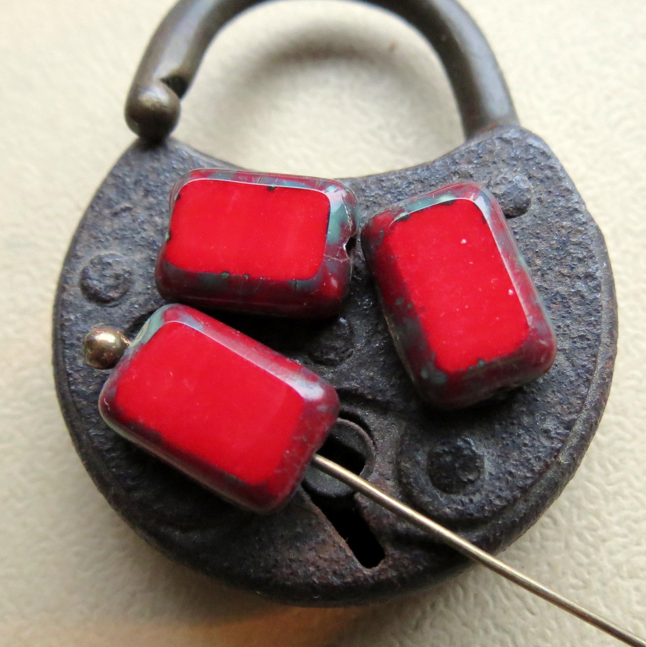 Czech Glass Rectangle Beads – 12x8mm Opaque Red With Picasso Finish (12 Pcs)