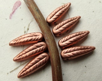 New VINTAGE COPPER FEATHERS .  Czech Metallic Glass Beads (8 beads) 5 by 17 mm . Supplies for Jewelry Making