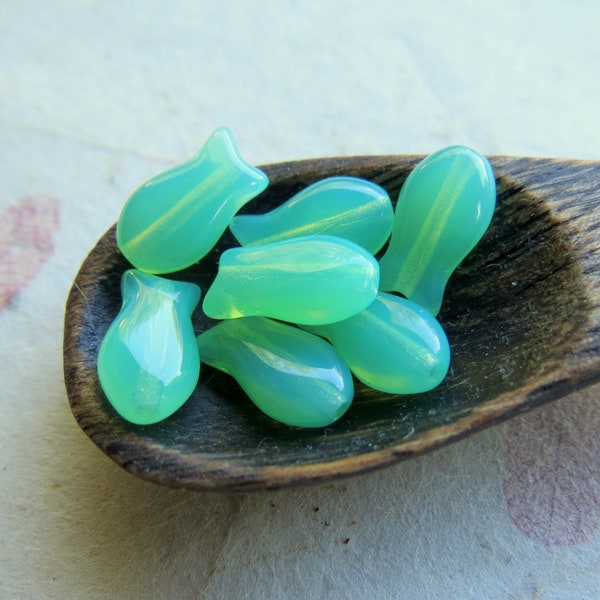 New GREEN OPALITE FISH .  15 Czech Pressed Glass Beads . 10 mm by 6 mm . Supplies for Jewelry Making
